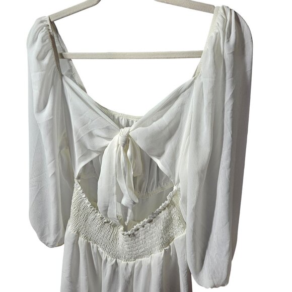 White Boho-Style Long Sleeve Dress With Smocked Waist & Open Back Tie Detail by - Picture 6 of 10